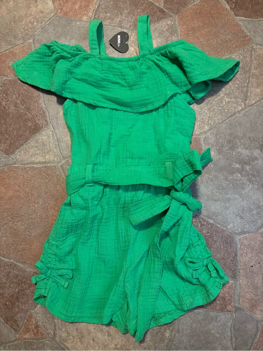 Fashion Nova Bright Green Off-Shoulder Romper with Waist Tie - Size 4 - NWT